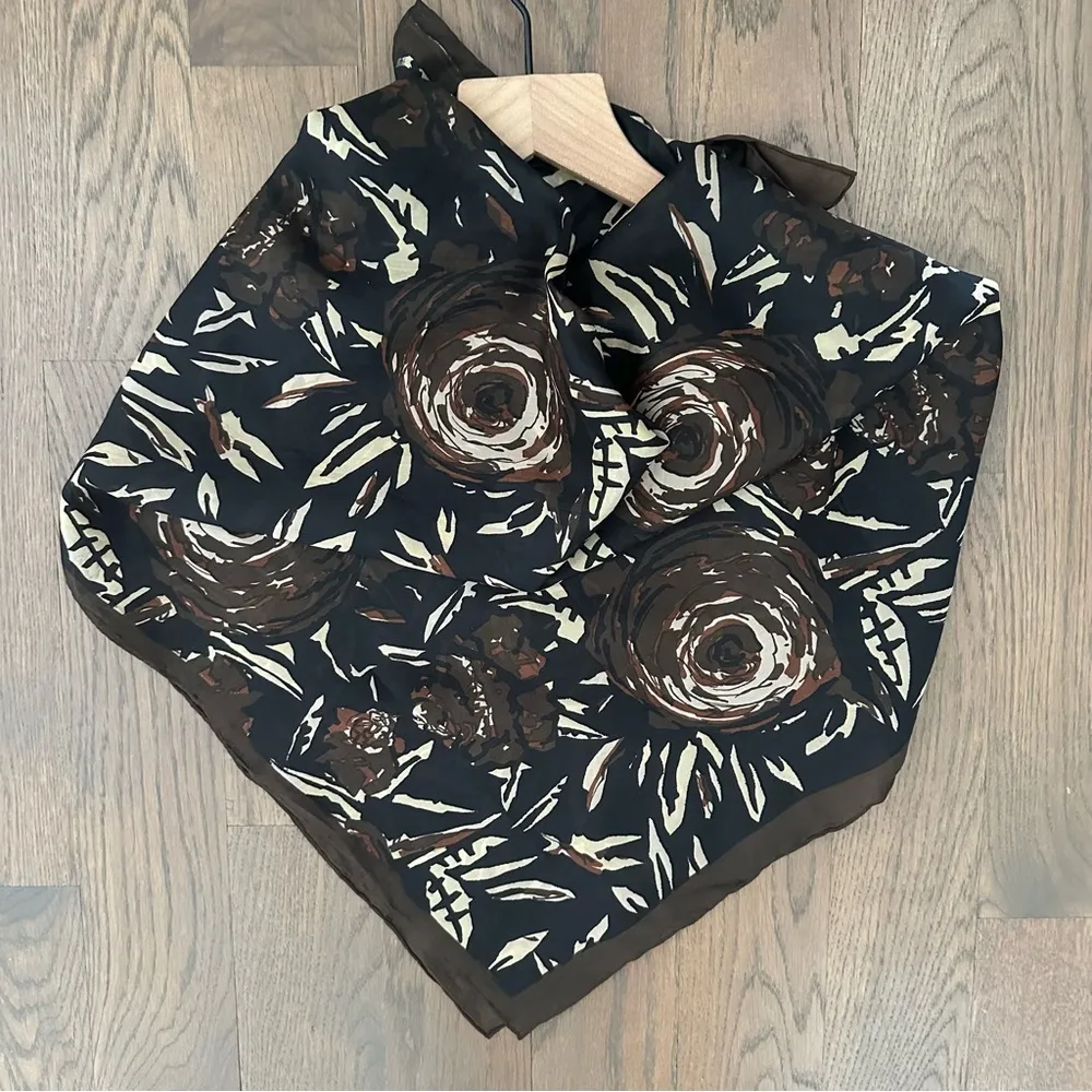 Lisa Corti Floral Abstract Printed 100% Silk Scarf Brown, Black, Cream 32.5"x34" Black - Image 2