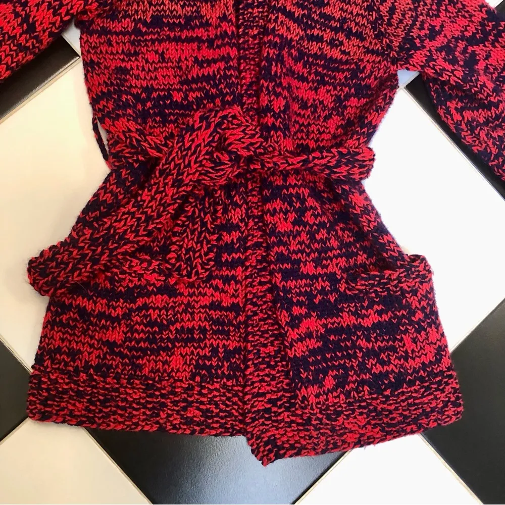 Vintage Handmade Belted Open Sweater Duster Hand Knit Red Orange Navy Crochet ~M Size M - Image 2