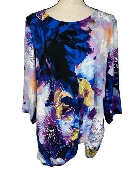 Dana Buchman Large Top Floral 3/4 Sleeves Round Neck Stretch Lightweight Knotted - Image 1