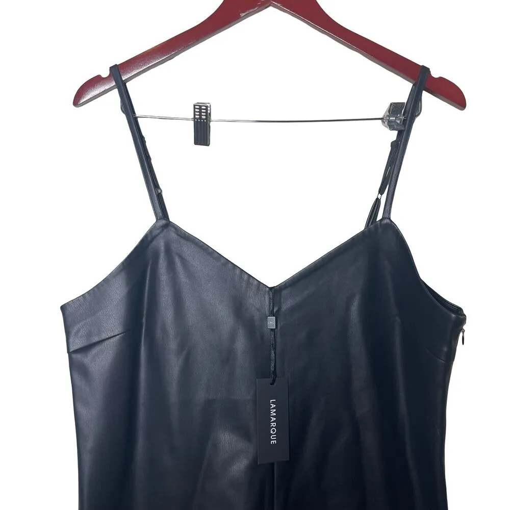 NWT LAMARQUE Mollie mini dress features vegan leather & feather trim sz L Black Size L - Image 3