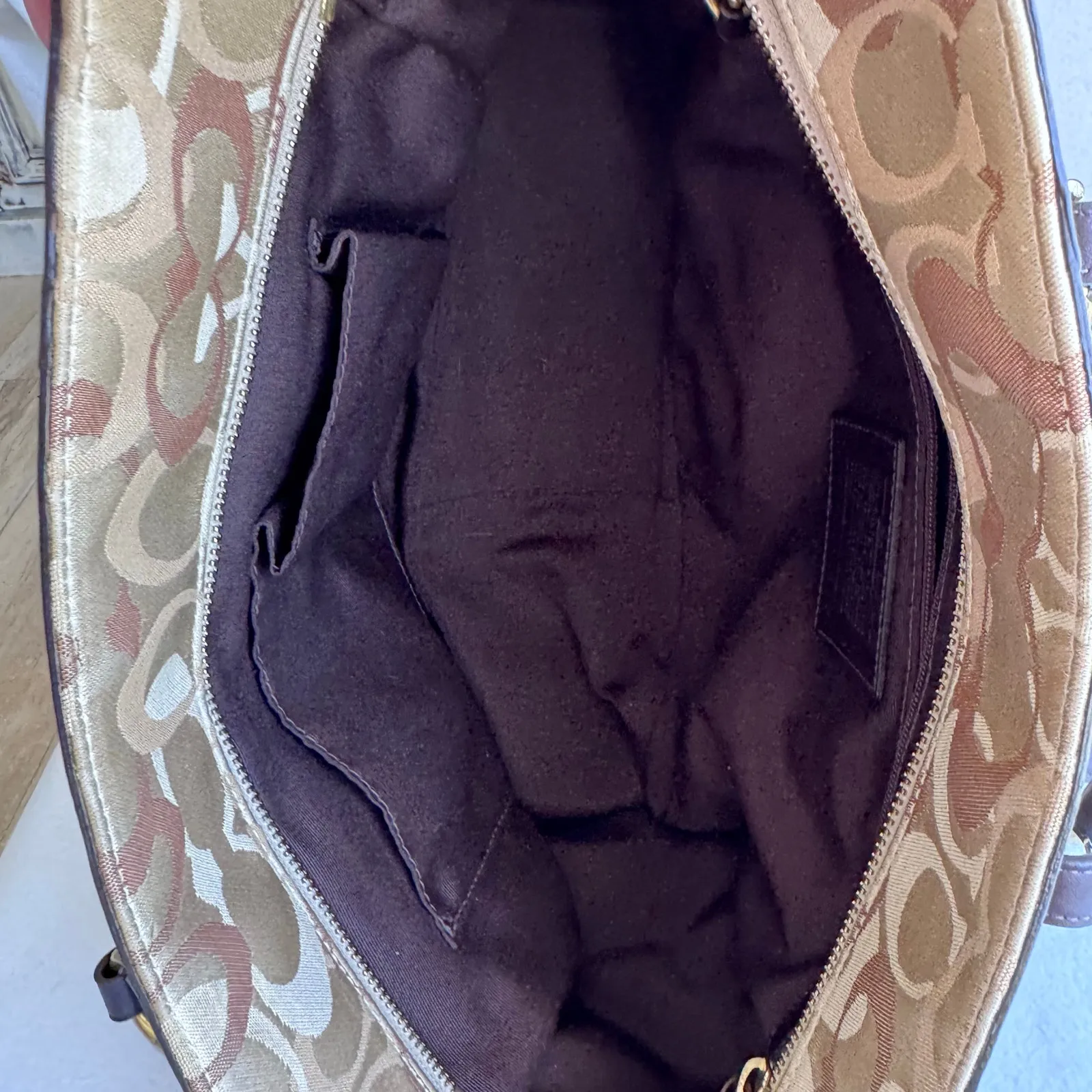 Vintage Coach Patchwork Signature Jacquard & Suede Gold/Tan Tote F06Q‑10383 - Image 9