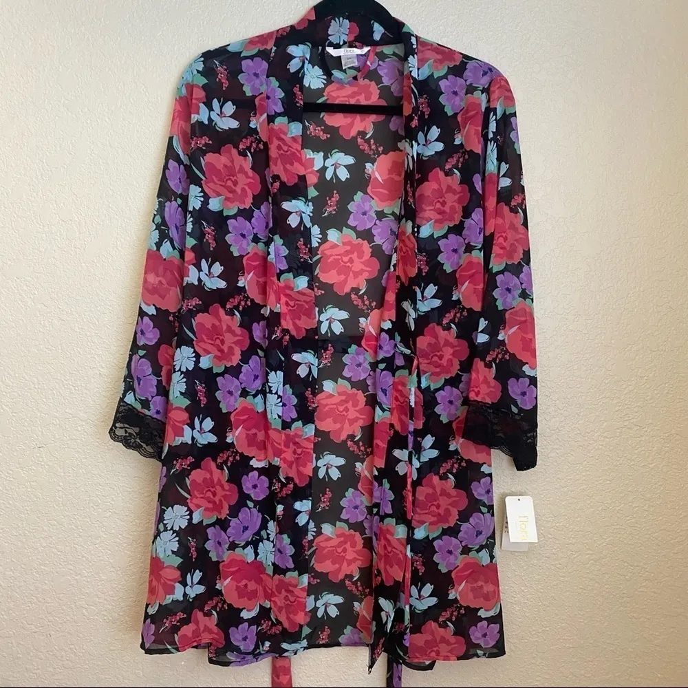 FLORA NIKROOTZ Floral Robe kimono NWT black‎ pink purple sheet belted - Image 2