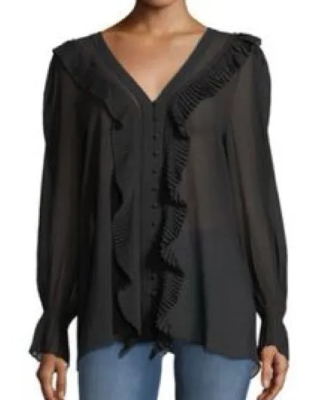 Frame 100% Silk Pleated Ruffle Trim Long Sleeve Blouse Large Sheer V Neck Black - Image 1