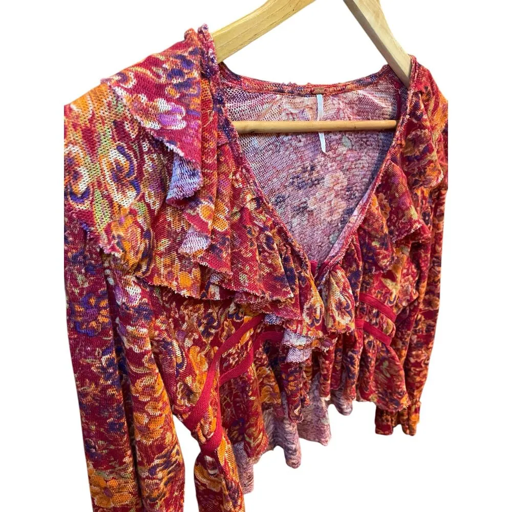 Free People Rudi Ruffle Tunic Top Cropped Orange Red Floral Women XS 100% Cotton - Image 4