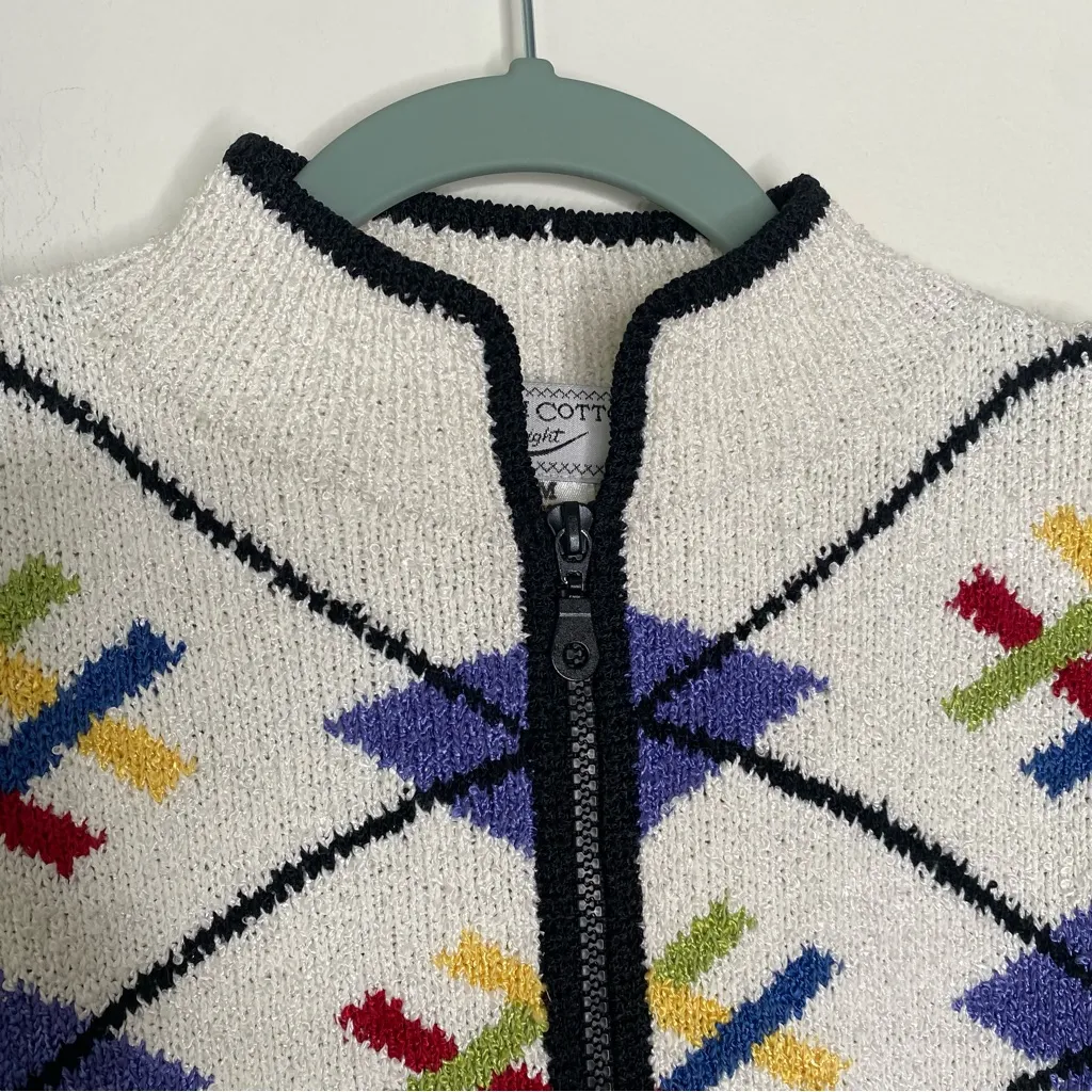 Vintage South Cotton Light Zip Geometric Cardigan Sweater M Made in Bolivia Size M - Image 4