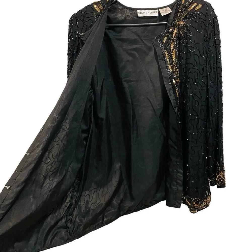 Night Vogue Vintage 80s Silk Black Gold Beaded Sequin Swirly Glam Party Jacket Size 1X - Image 6