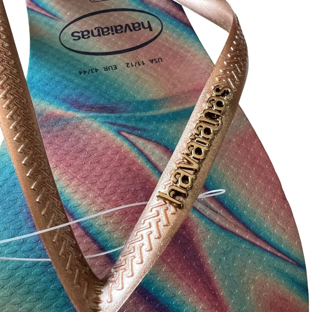 NEW HAVIANAS Sand Gray Marbled Flip Flops Sz 11/12 Rose Gold Summer Sandals Logo - Image 4