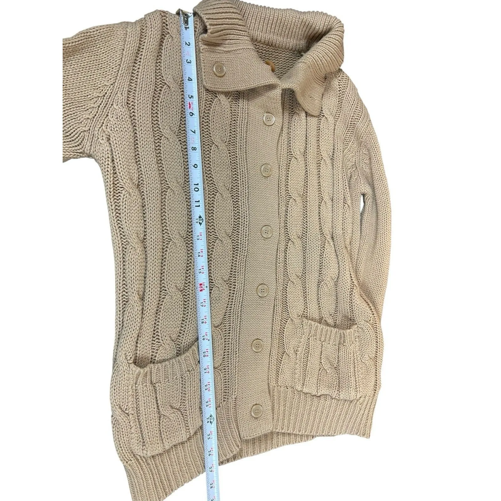 VTG 90s Grandma Beige Cable Knit S Button Front Cardigan Sweater Pocket Brown - Image 5