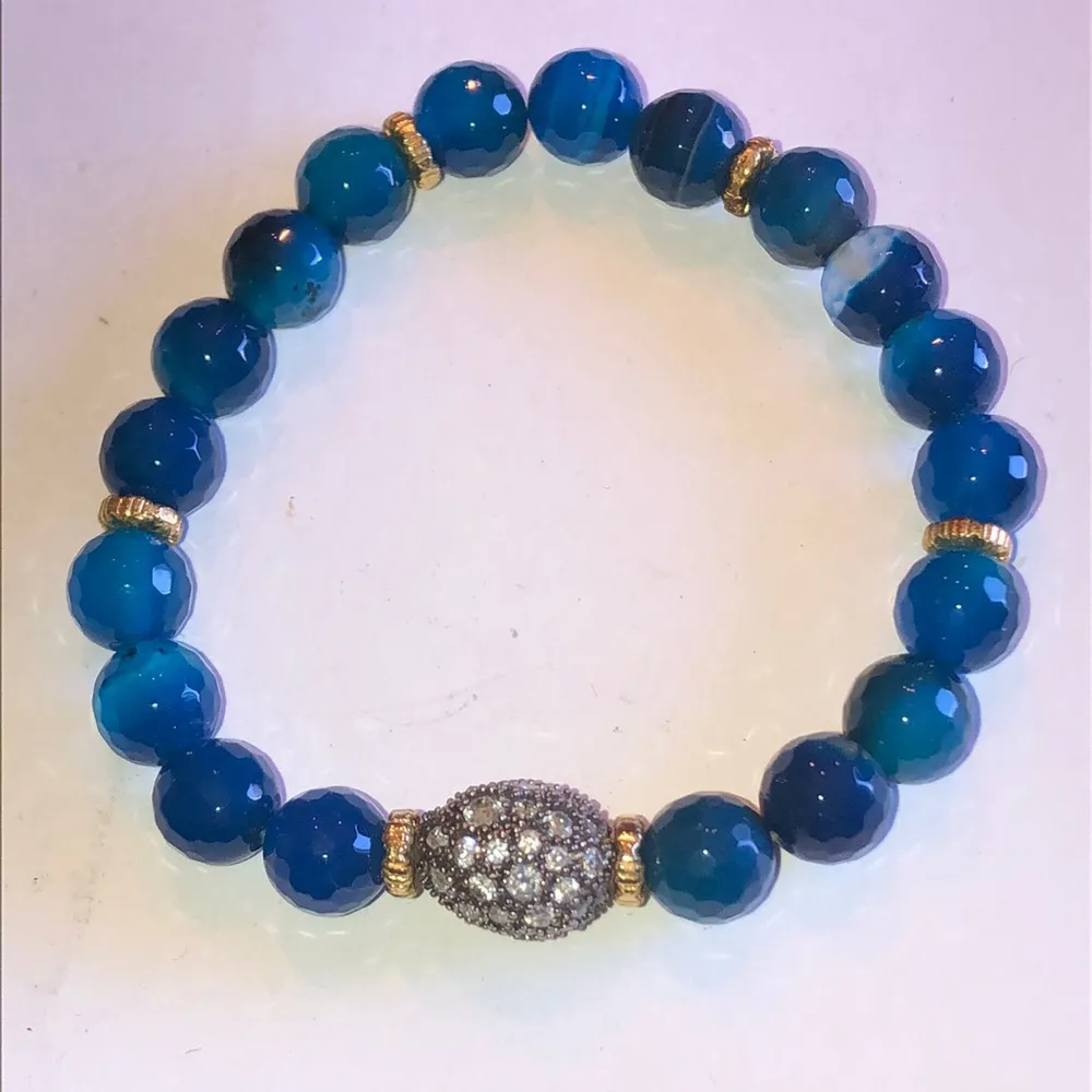 Blue Botswana Beaded CZ Rhinestones Boho Stretchy Bracelet - Image 2