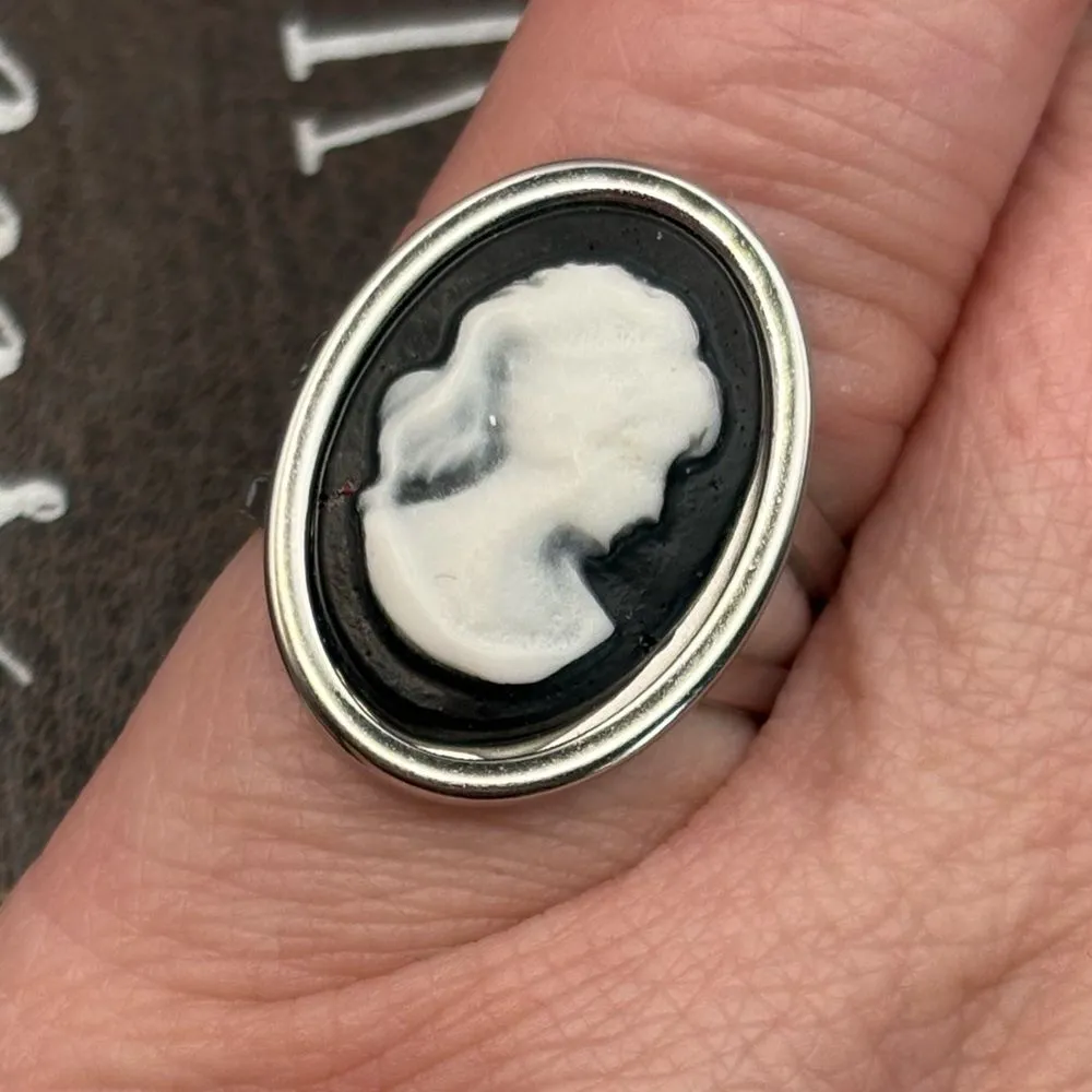 Handmade Black White Cameo Ring Victorian Stainless Steel Adjustable - Image 10