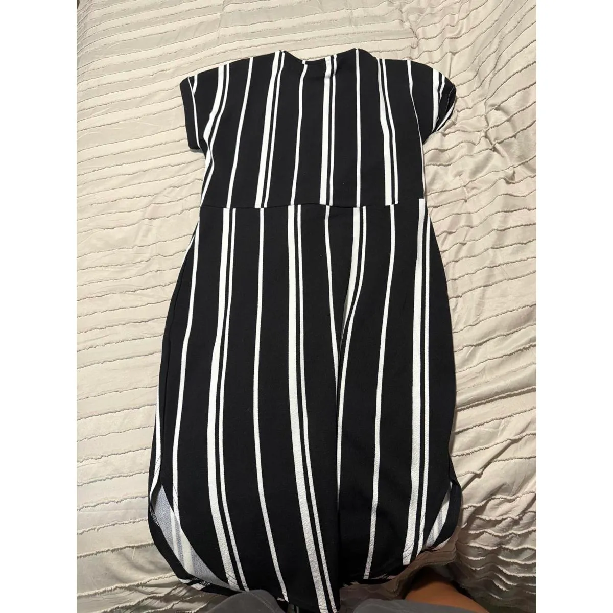Black and White Vertical Stripe Belted Dress - Image 2