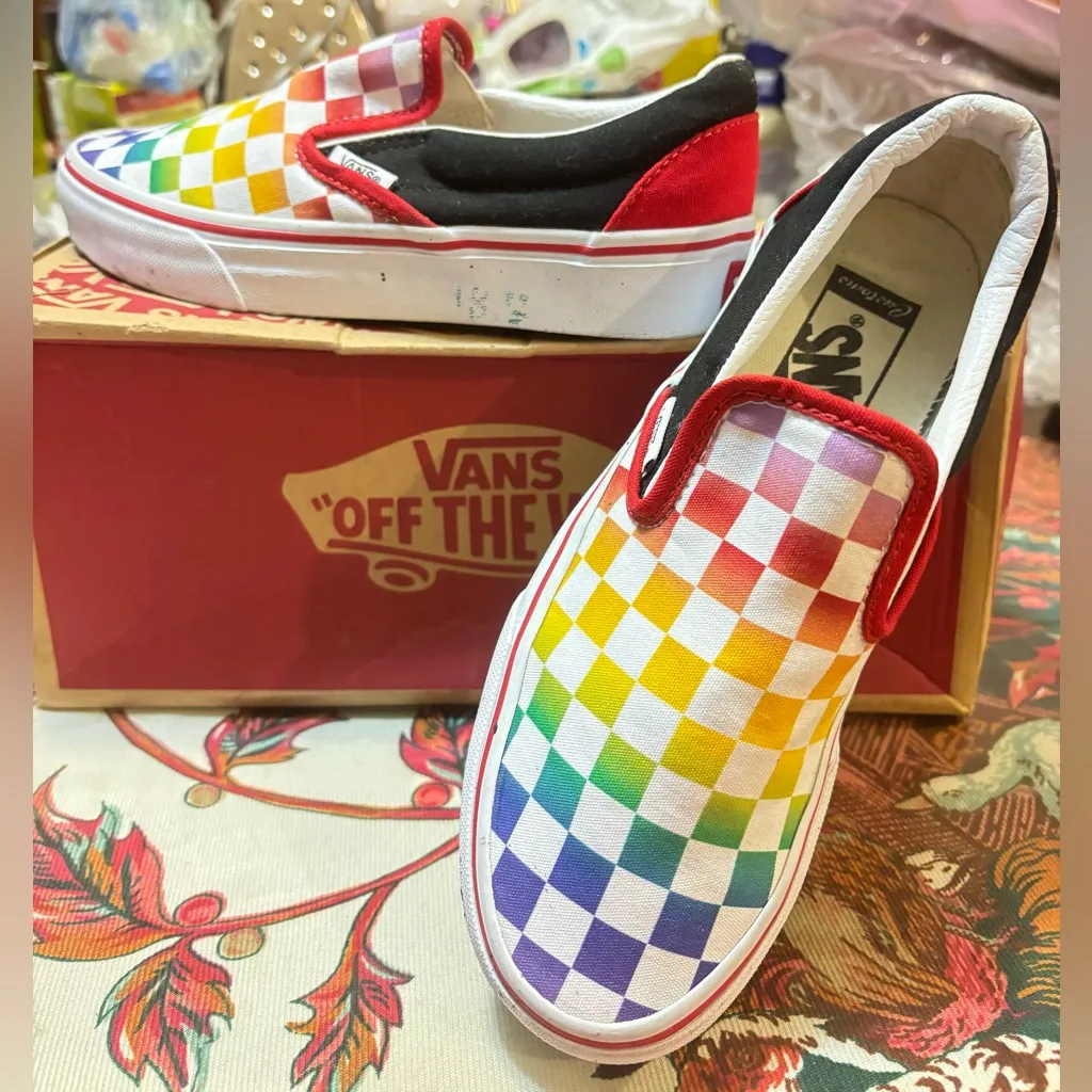 Vans Classic Slip ON Rainbow Checkerboard Skate Shoes - Image 5