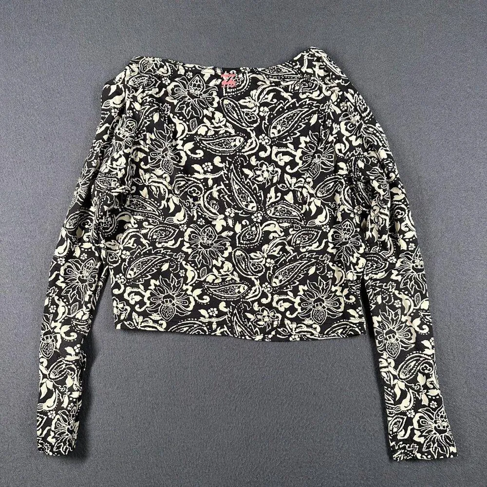 Billabong Crop Top Womens Small Black Ivory Paisley Floral Long Sleeve Surf Swim - Image 8