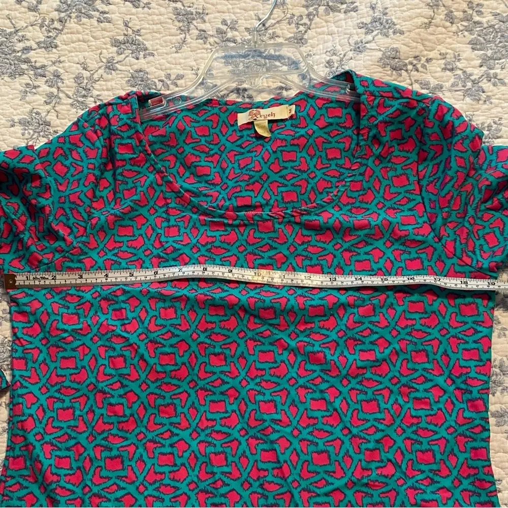Boutique Aryeh Turquoise and Hot Pink Patterned 3/4 Length Sleeve Dress Medium - Image 6