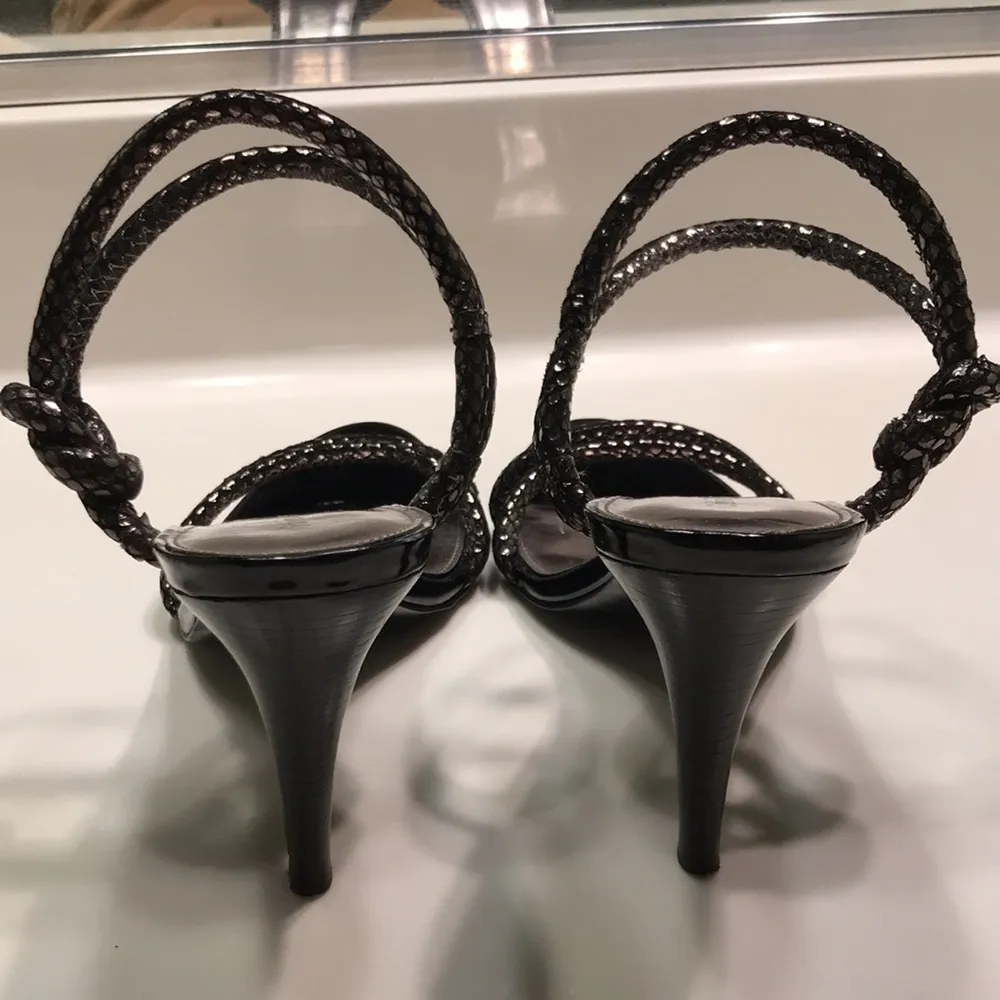 Calvin Klein Women’s Amber Black Silver Metallic Strappy Rope Stiletto Heels - Image 5