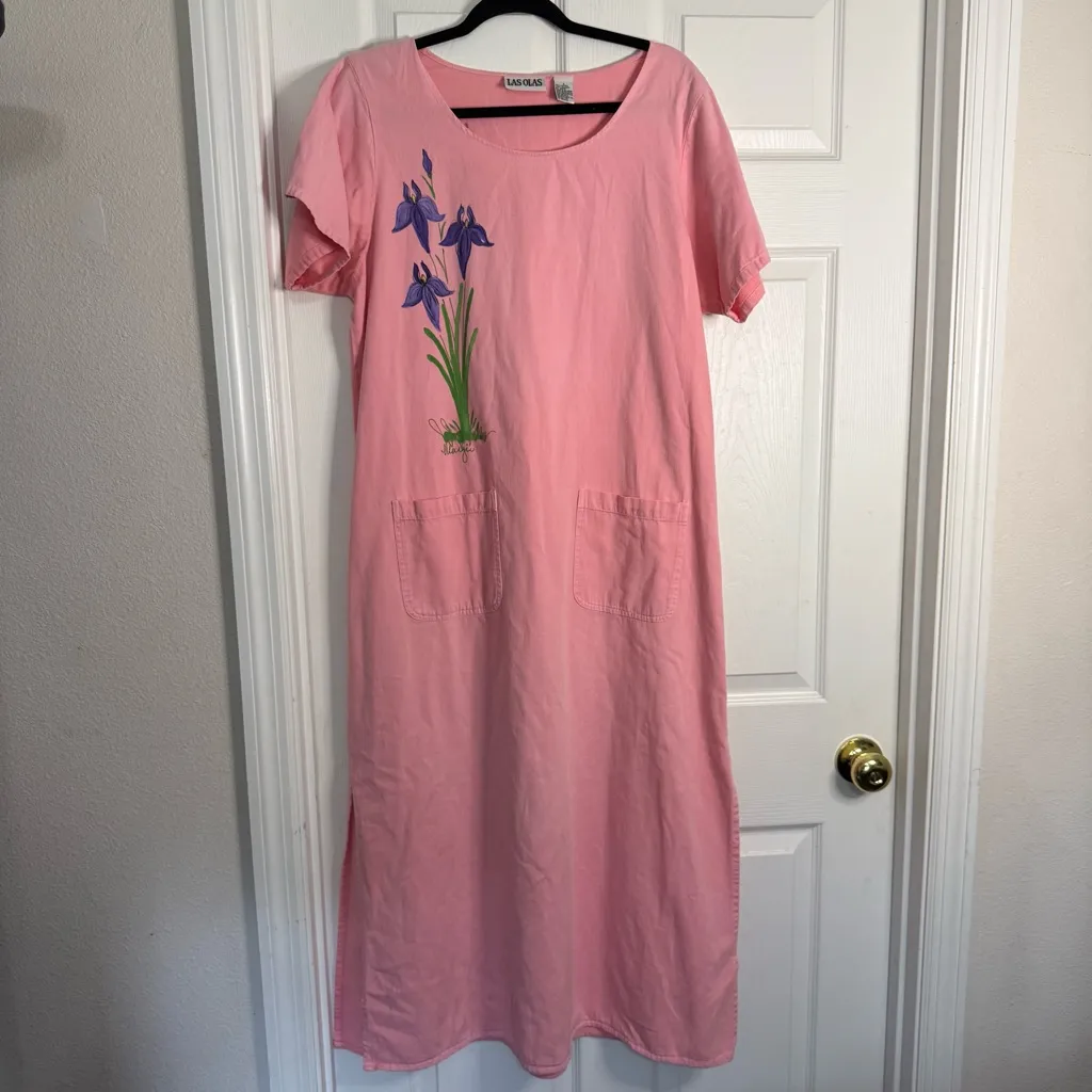 Las Olas Vintage 90’s Pink Floral Cotton Embroidered Maxi Dress Size Large - Image 3
