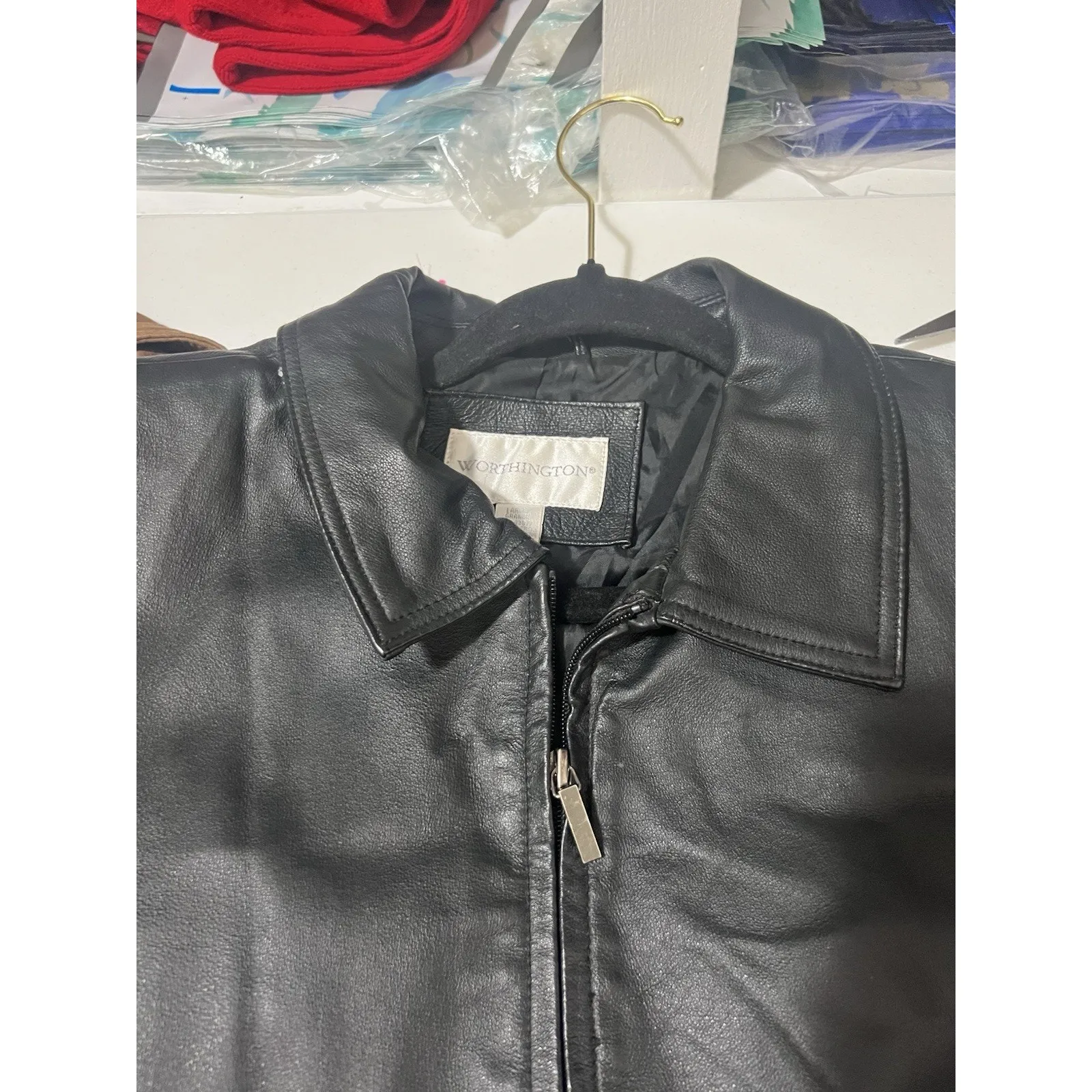 Worthington Woman’s Black Genuine Zip Leather Jacket Size Large Polyester Lined - Image 9