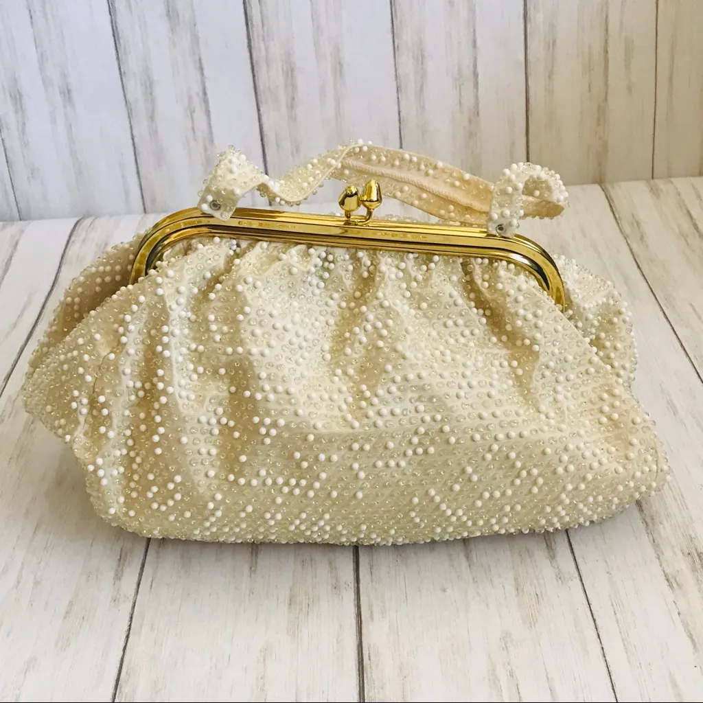 Vintage Cream Color Handbag with Clear & White Beading Gold Tone Hardware - Image 5