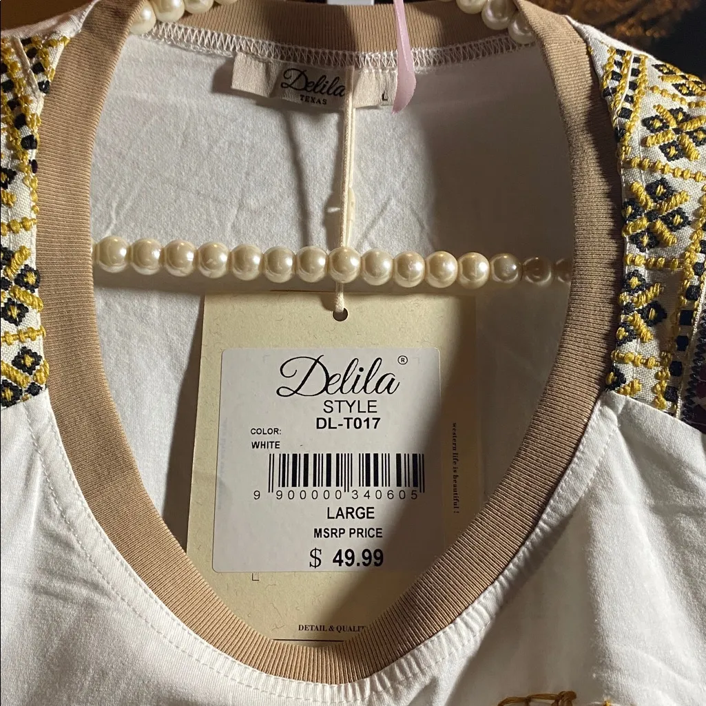 Delila Texas Mineral Wash Floral Embroidered Patchwork Short Sleeve Shirt White Size L - Image 5