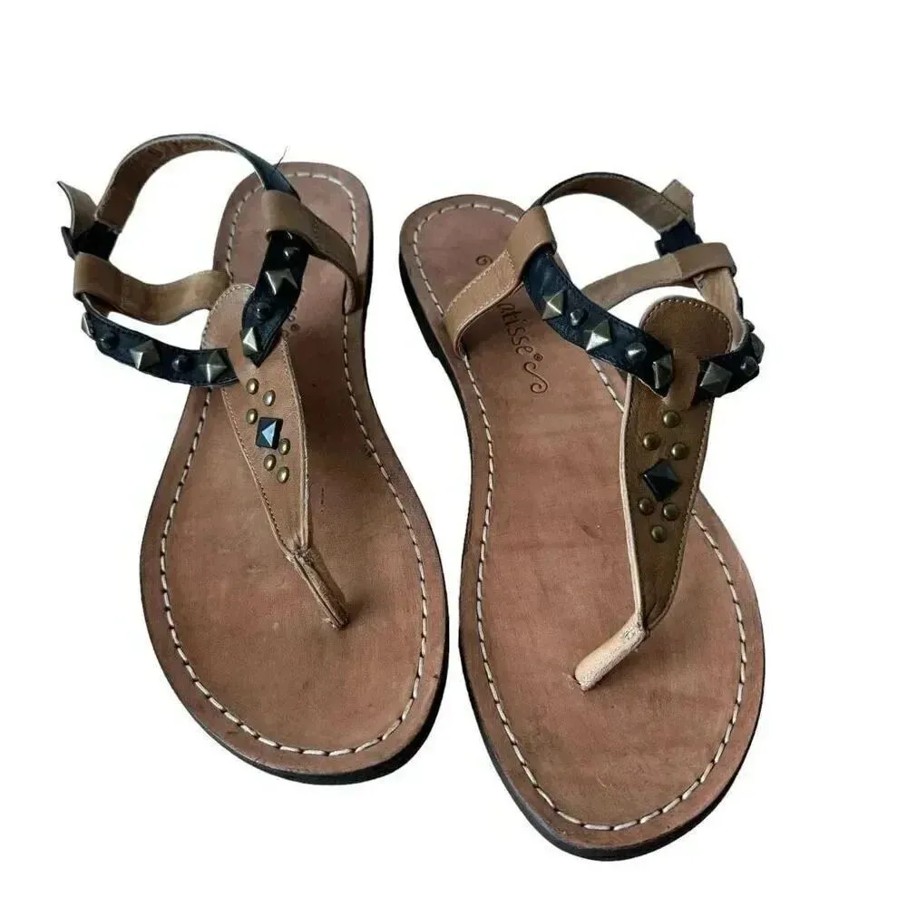 Matisse Brown Tan Thong Leather Flat Women’s Sandals SZ 9 Black - Image 2