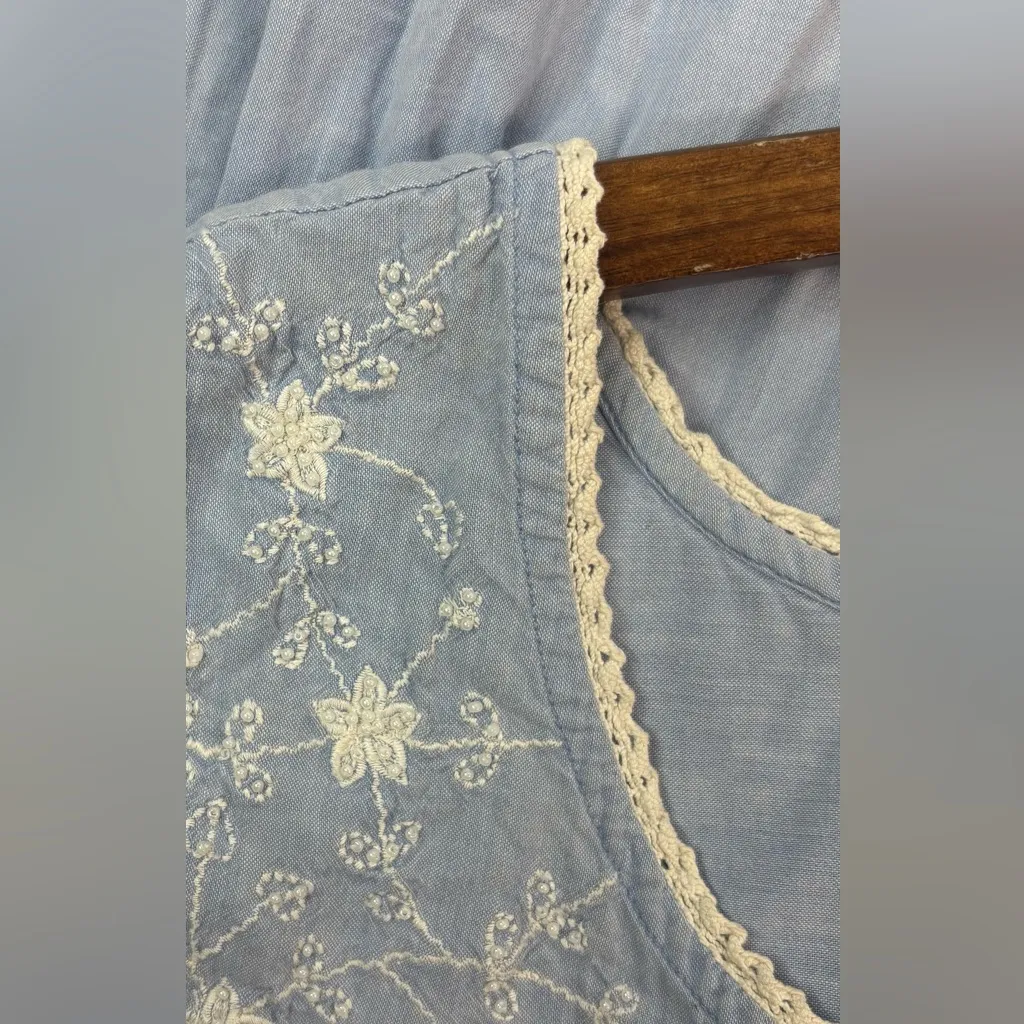 Amanda Stewart Pioneer Woman 1X Beaded Chambray w Crocheted Trim Dress Gown Blue - Image 8