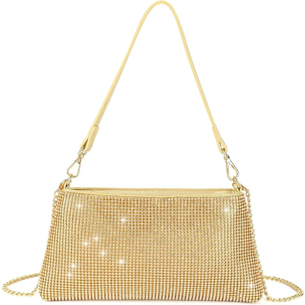 ⚡ Women's Beautiful Rhinestone Gold Sparkly Handle Chain Evening Clutch Bag - Image 1