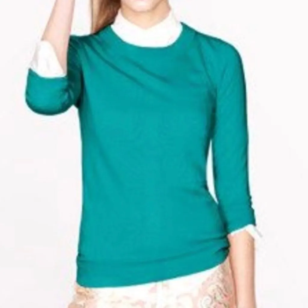 J. CREW Merino Wool Tippi Sweater Green ish 3/4 Sleeve Preppy Crew Neck Pullover - Image 3