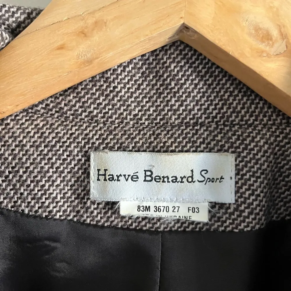 Vintage Harvé Benard Blazer L Herringbone Faux Leather Trim 90s Y2K Brown Size L - Image 2