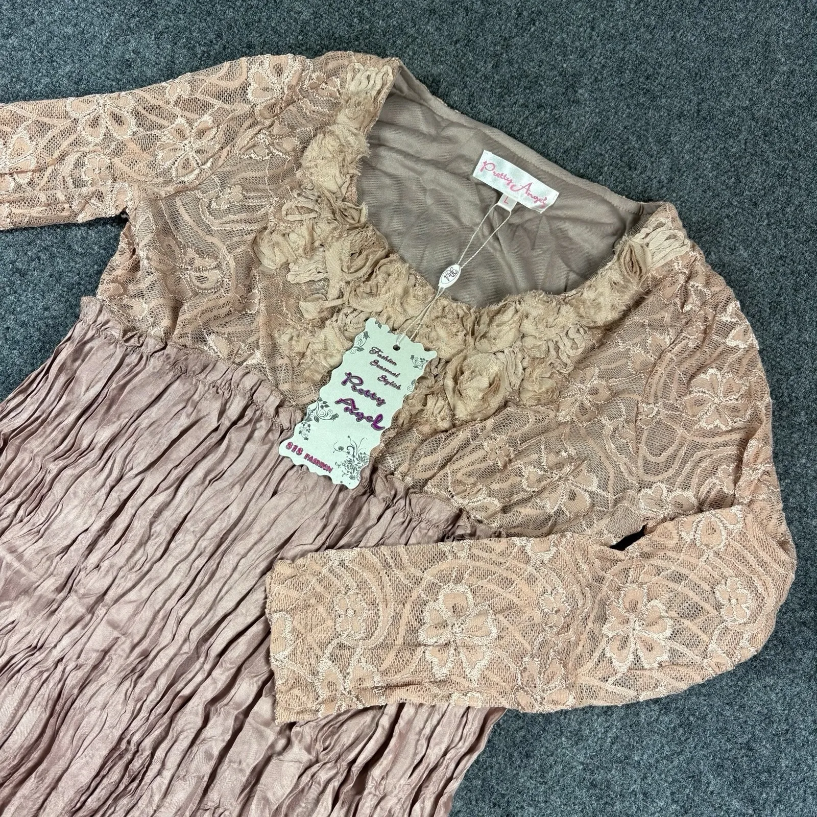 Pretty Angel Womens L Rose Gold Long Sleeve Pleated Tunic Silk Blend Dress‎ NWT - Image 2