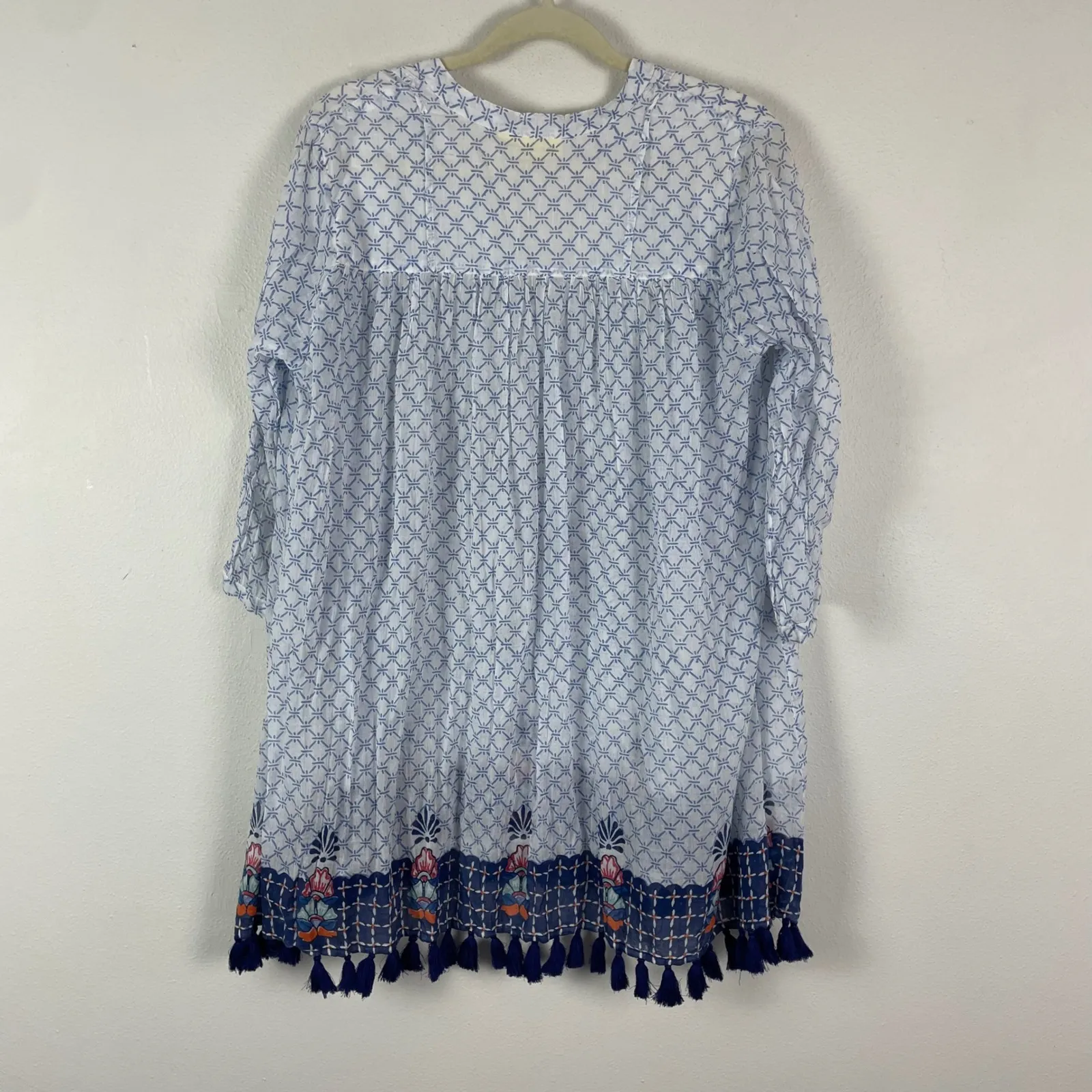 Roller Rabbit Blue White Geometric Tassel Tunic Dress Size M Beach Lightweight - Image 8