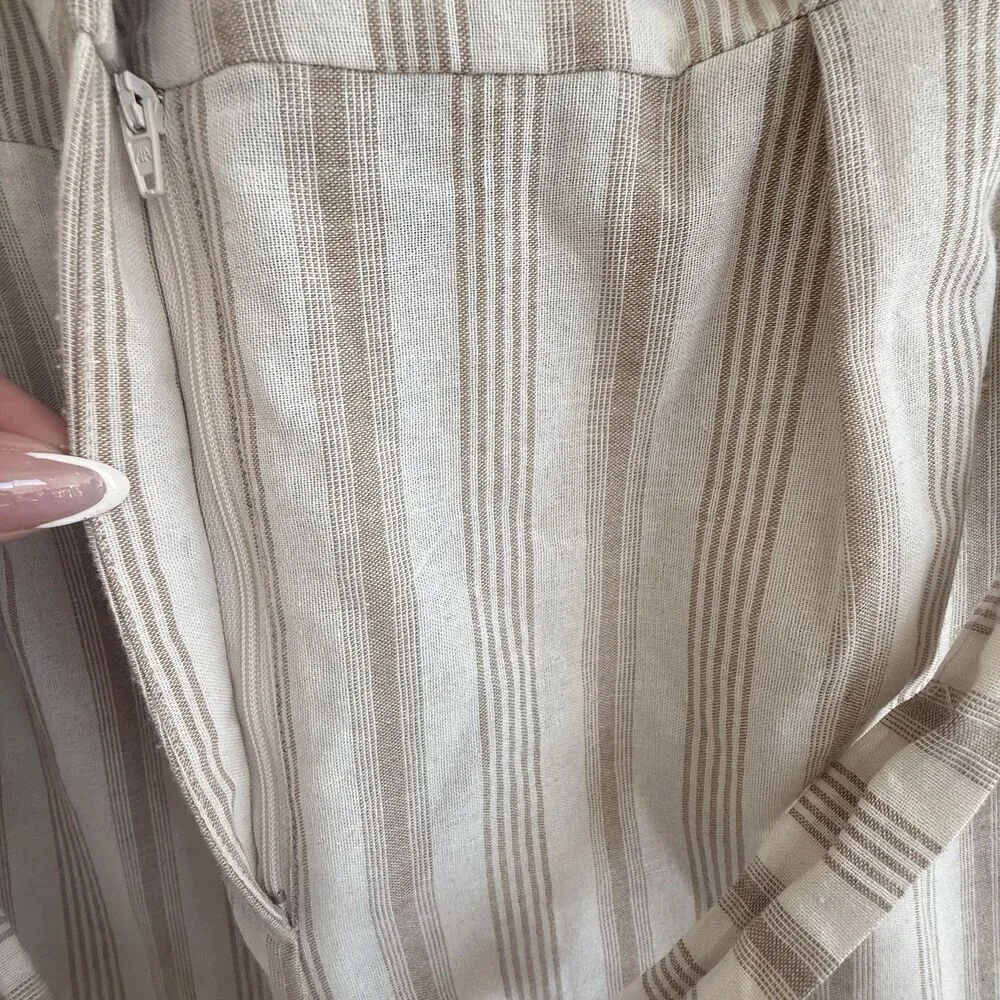 Sweet salt striped Jumpsuit women wide leg collar button up cream pockets tie L Size L - Image 11