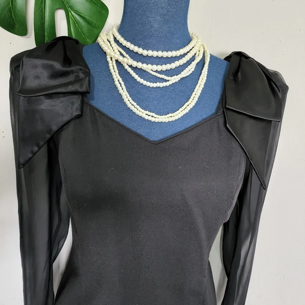 Vintage LA GLO Shouder Bow Sheer Sleeve Black Dress Size undefined - Image 2