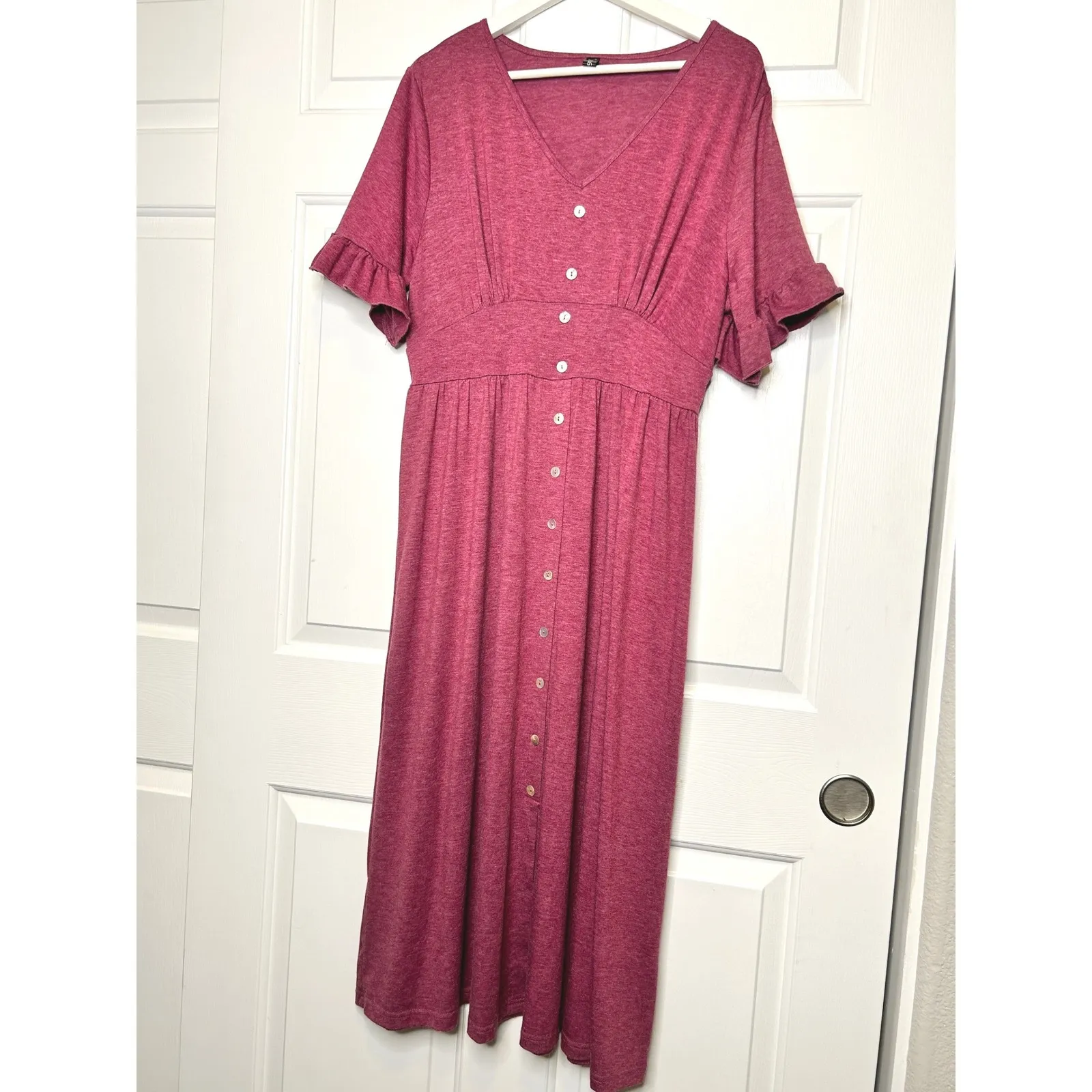 Allegra K V Neck Button Front Ruffle Sleeve Midi Dress Fuchsia XL Purple - Image 2