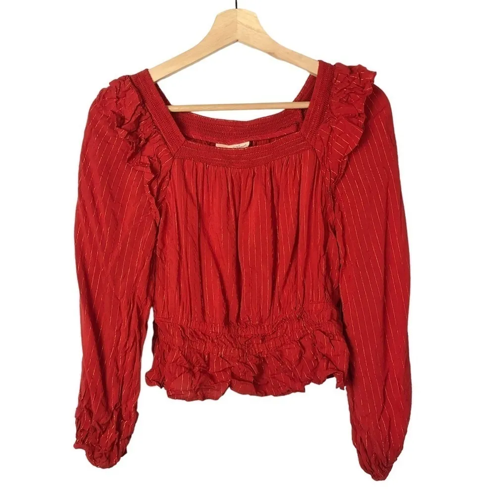 Universal Thread Red Balloon Sleeve Metallic Stripe Peplum Long Sleeve Blouse S - Image 2