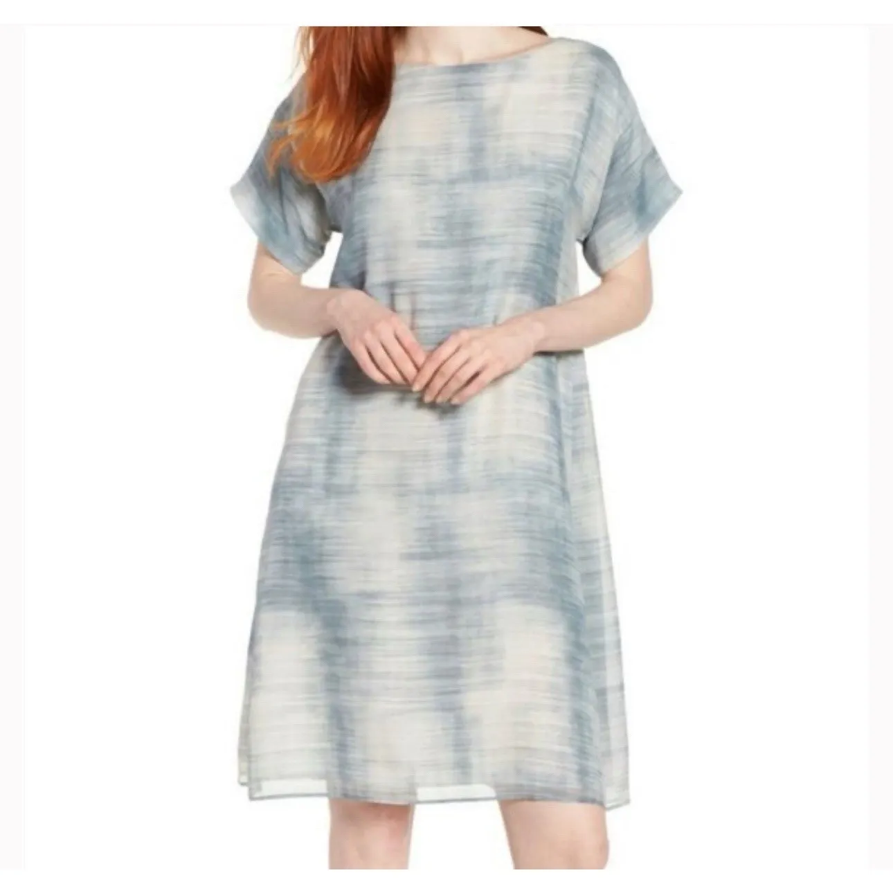 Eileen Fisher 100% Silk Bateau Neck Short-Sleeve Shift Dress Size‎ Medium - Image 2