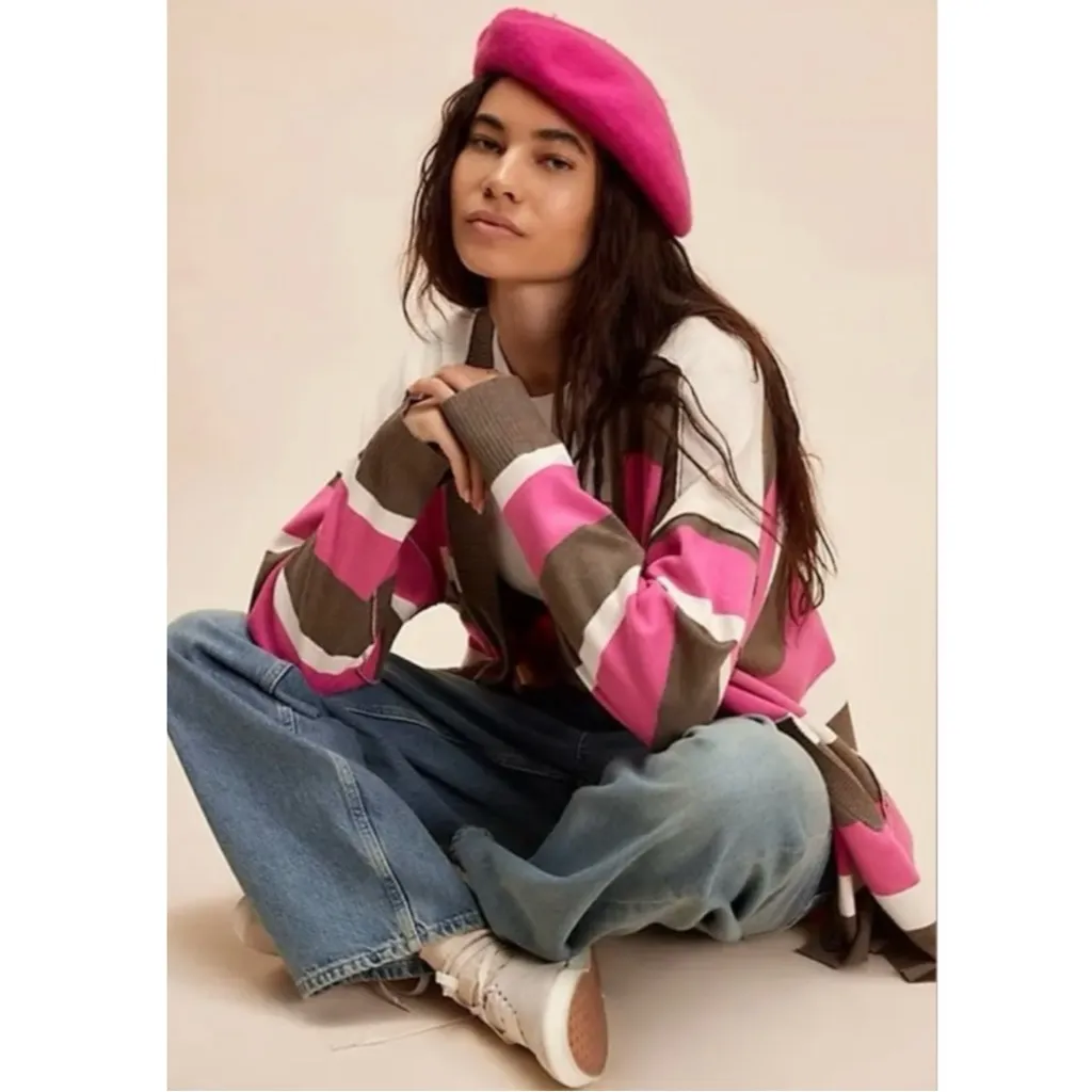 Free People Oversized League Of Her Own Striped Cardigan Sweater Preppy Large - Image 9