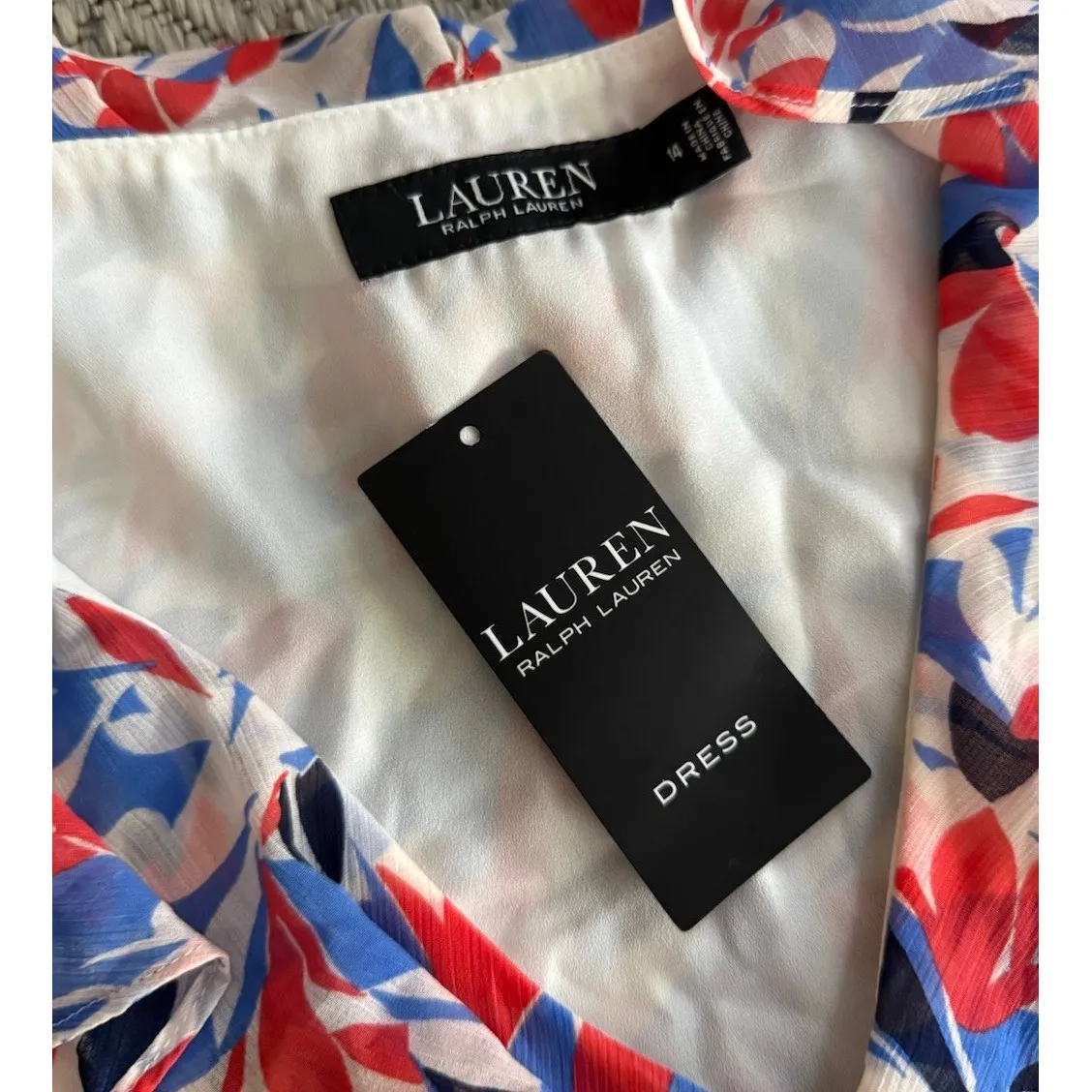 NWOT Lauren Ralph Lauren Floral Crinkled Georgette Dress Blue Orange‎ Size 14 - Image 3