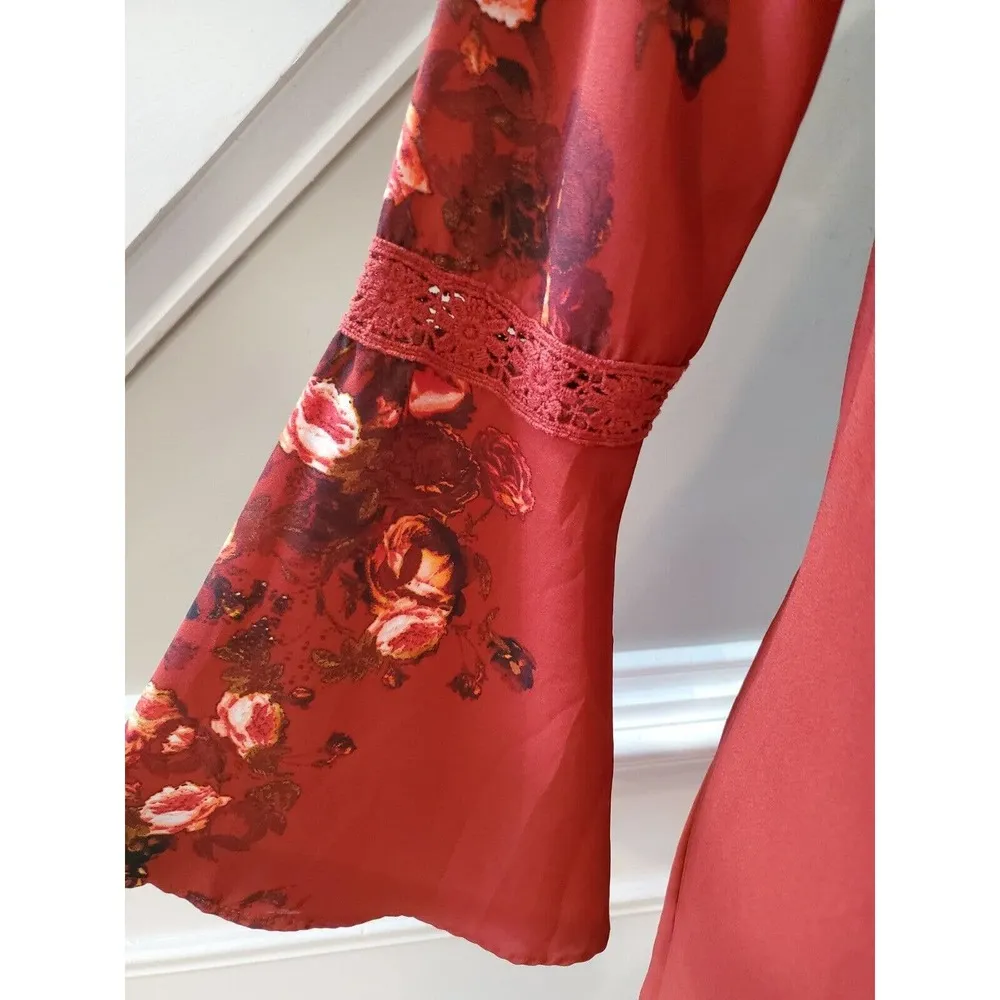 Altar’d State Red Floral Lace Up Boho Bell Sleeve V Neck Knee Length Dress Small - Image 5