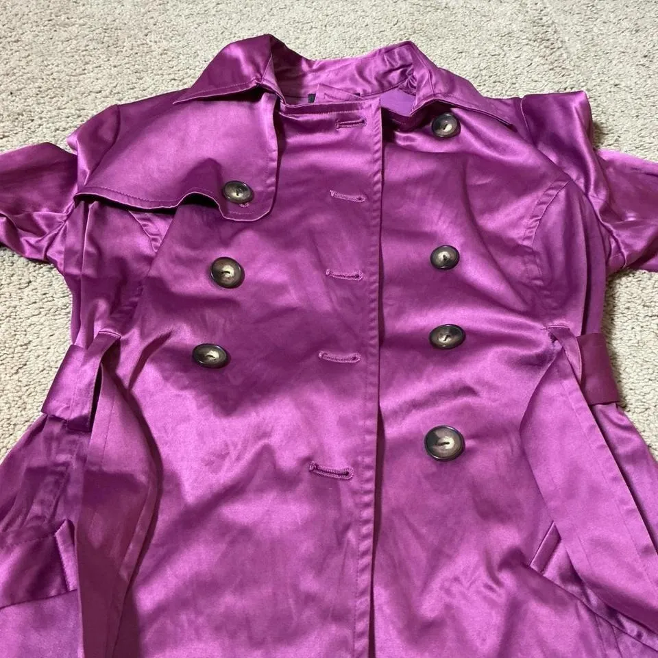 BCX Double Breasted Belted Trench Coat Jacket Women's Size M Purple Satin Look - Image 7