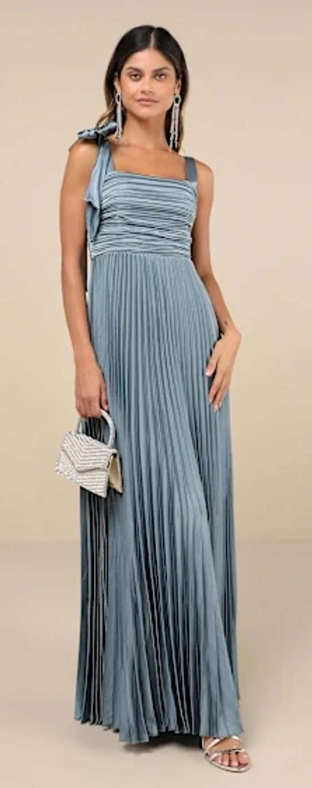 NWT Lulus Blue Gorgeous Purpose Slate Satin Pleated Sleeveless Bow Maxi Dress S - Image 1