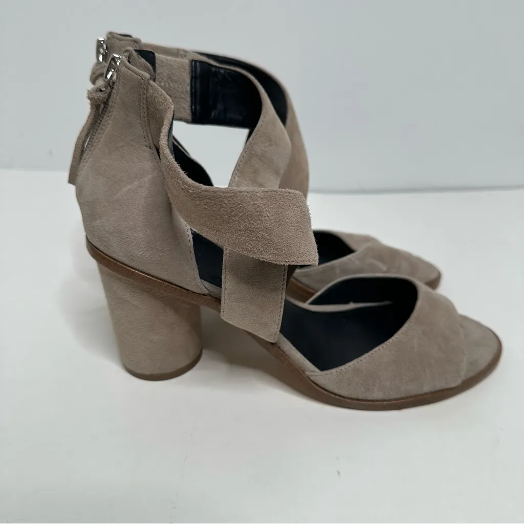 Rebecca Minkoff Taupe Suede Crisscross Block Heel Sandals Size 8 - Image 2