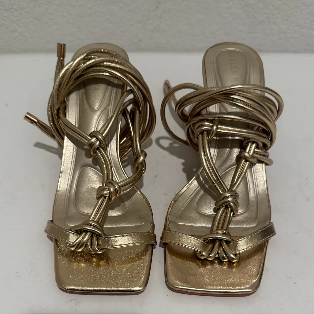 AZALEA WANG Stupendous Gold Ankle Wrap Lace Up High Linking Heel Sandal Size 6.5 - Image 4