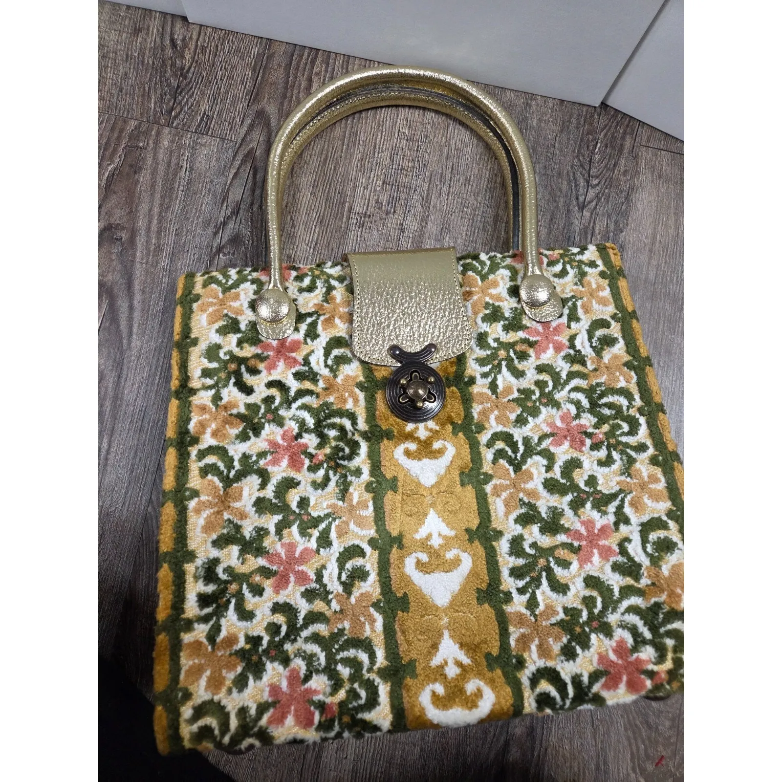 Mahler of California Carpet Purse floral Gold Handles Twist Lock Tote - Image 2