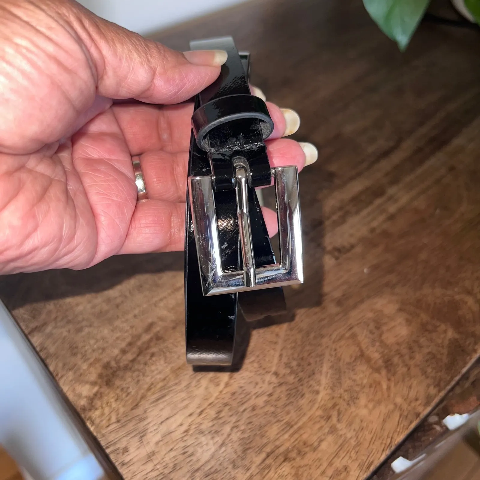 Womens Skinny Black Patent Leather Belt with Silver Square Buckle - Image 3