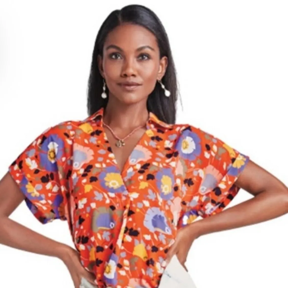 CABI Blouse Size Small 5892 Replay Floral Short Sleeve V-Neck Tunic Office Work - Image 2