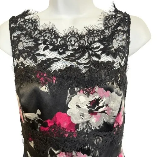 WHITE HOUSE BLACK MARKET Black Satin Floral Sheath Dress Lace Trim EUC Size‎ 00 - Image 3