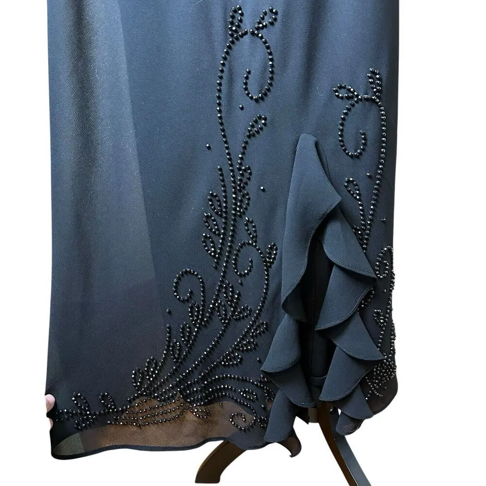 R&M Richards 2 Piece Black Beaded Evening Dress 6P | Ruffle Slit Lined Chiffon - Image 4