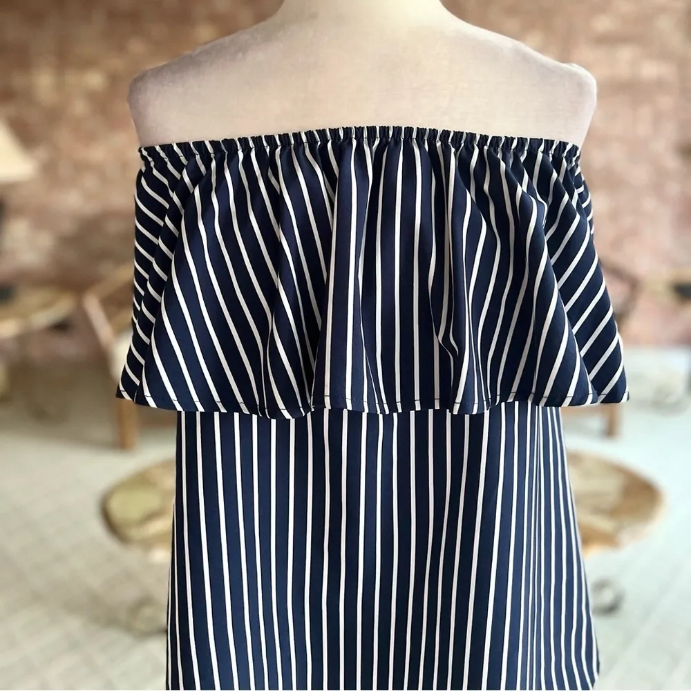 Sherosa Top Off the Shoulder Striped Flounce Blue M Boho Chic Party Nautical Mod Size M - Image 3