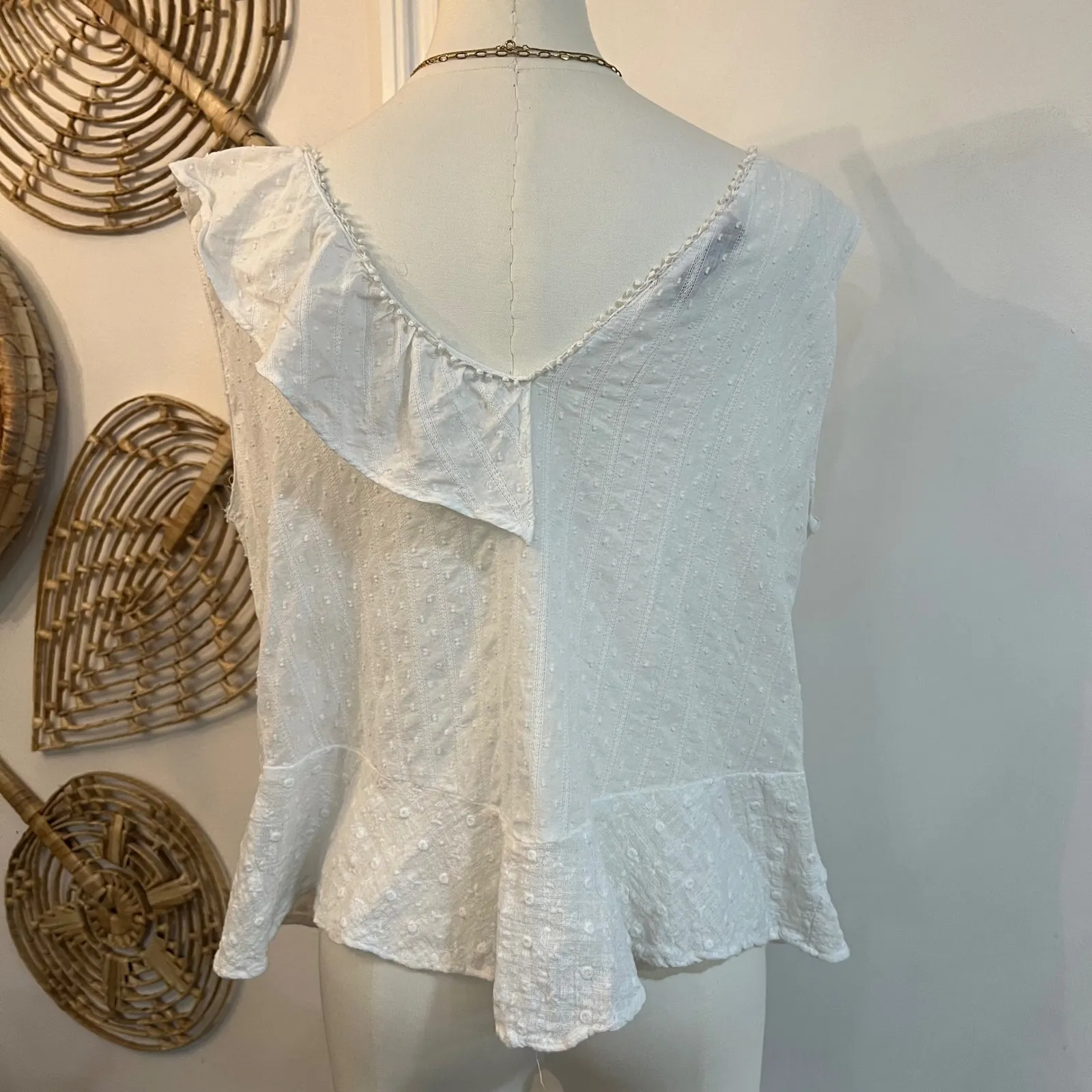 Zara Basic 100% Cotton White Swiss Dot Ruffle Blouse Romantic Cottagecore XL - Image 7