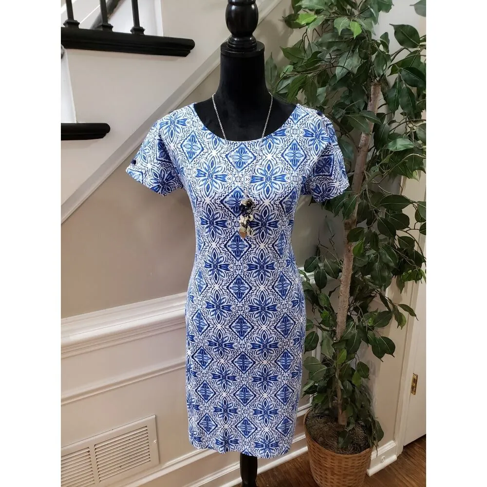 Rafaella Women's Blue & White Cotton Round Neck Short Sleeve Knee Length Dress S - Image 13